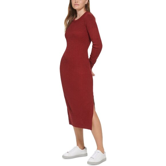 Calvin Klein Women's Ribbed Long Sleeve Crewneck Side Slit Dress Syrah B4HP - Picture 1 of 4